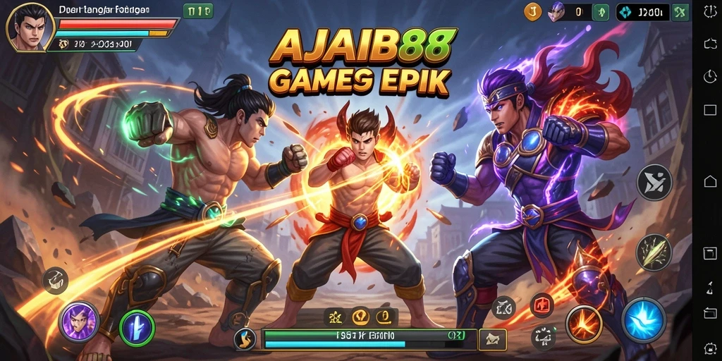 Tampilan pertarungan intens dari AJAIB88 dengan karakter yang beragam.