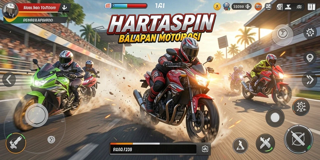 Tampilan seru gameplay HARTASPIN dengan balapan motor yang penuh aksi.