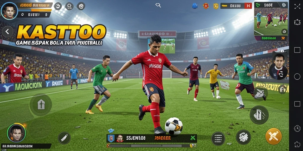 Gameplay KASTOTO dengan aksi sepak bola yang intens.
