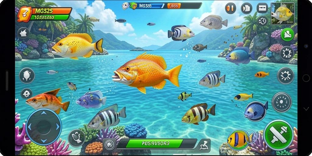 Tampilan gameplay MG525 dengan ikan-ikan yang beragam.