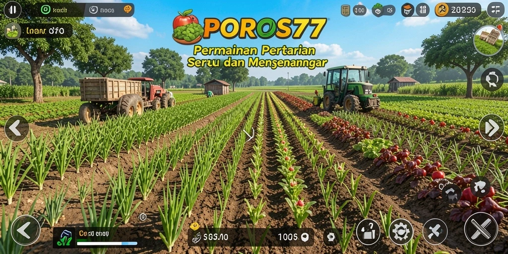Tampilan gameplay seru di POROS77 dengan berbagai aktivitas bertani.