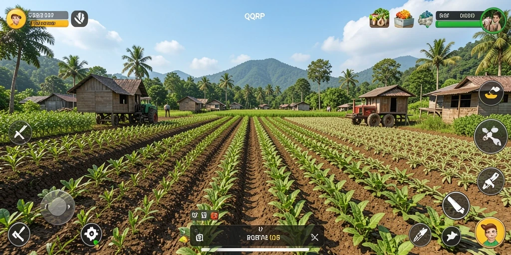 Tampilkan gameplay menanam dan merawat tanaman di ladang.