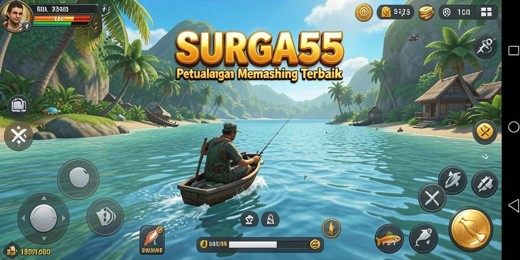 Gameplay SURGA55 yang seru saat memancing di lokasi indah.