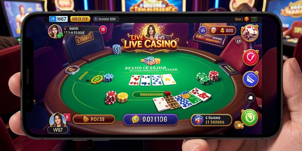 Screenshot W67 menampilkan dealer langsung dalam sesi permainan kasino yang mengasyikkan.